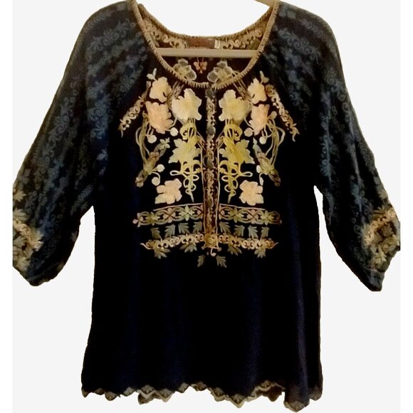 SOLD_SOLD_SOLD!!  JOHNNY WAS Vista Blouse Blue Night Embroidered Boho Tunic Top - Picture 2 of 11